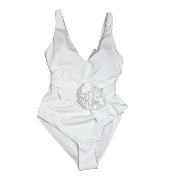 Andie Women's L The Porto 1-Piece Swimsuit White Flower Waist Tie NWT - Picture 2 of 15